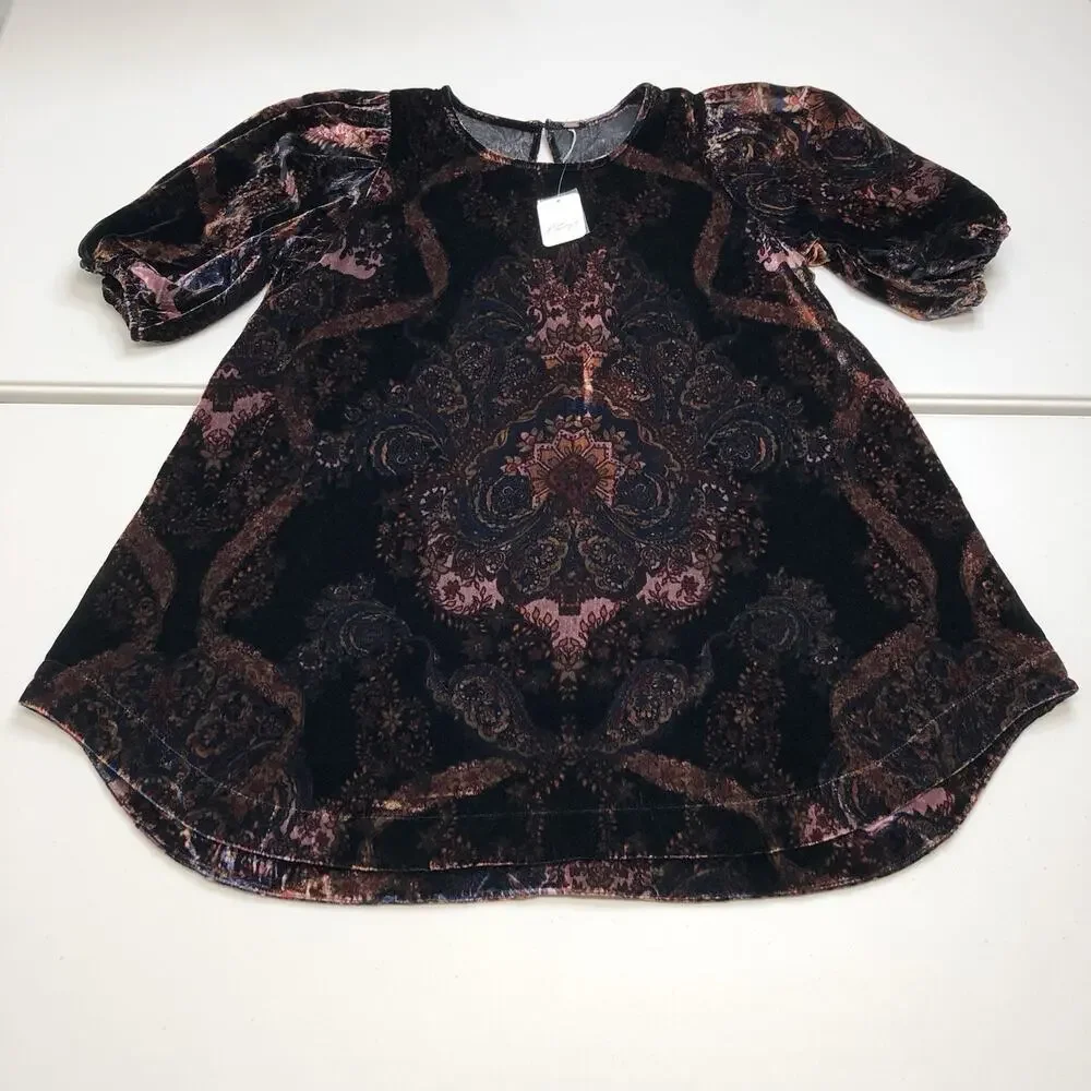 FREE PEOPLE Maye Puff Sleeve Printed Velvet Tunic Medium Dark Black OB1584852